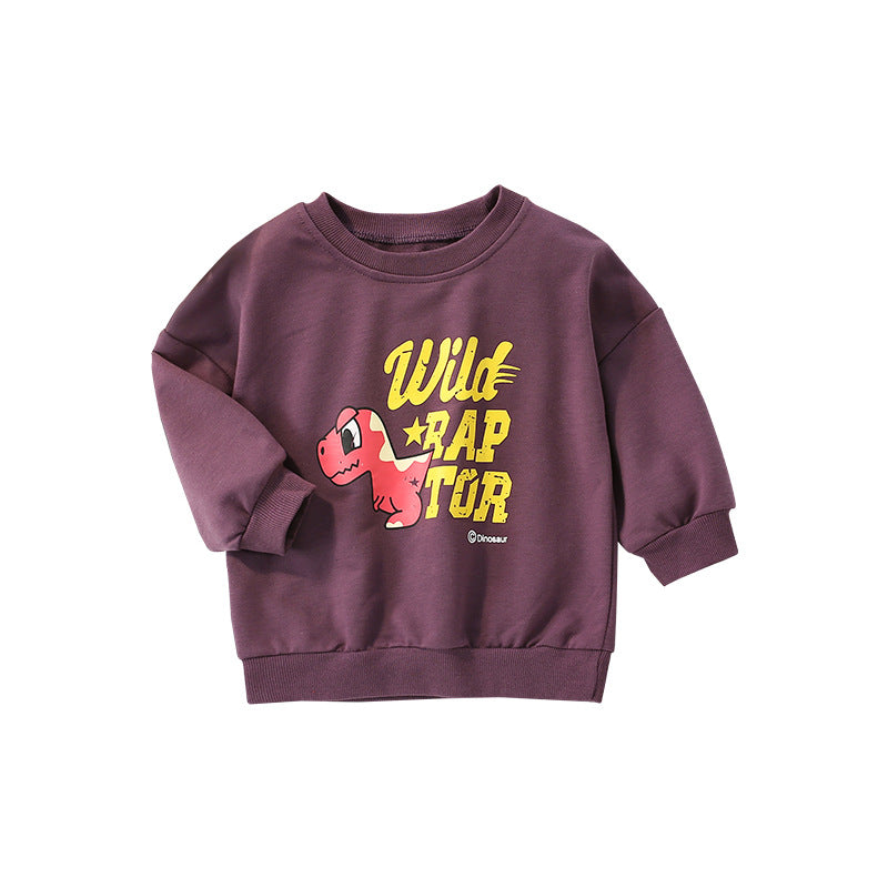 A vibrant purple hoodie featuring a playful dinosaur and letter print pattern, designed for baby boys and young children.