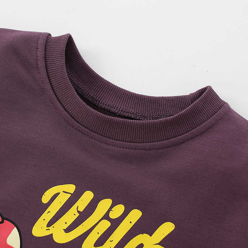 A vibrant purple hoodie featuring a playful dinosaur and letter print pattern, designed for baby boys and young children.