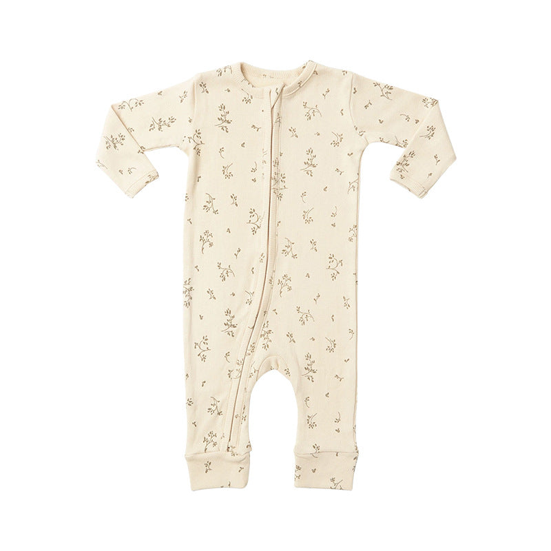 Baby Dinosaur & Floral Print Jumpsuit with zipper front design, featuring playful dinosaur and floral patterns in soft cotton fabric.