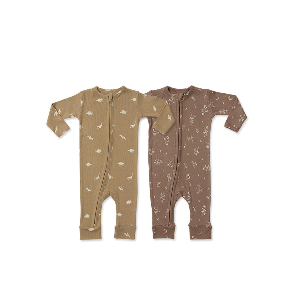 Baby Dinosaur & Floral Print Jumpsuit with zipper front design, featuring playful dinosaur and floral patterns in soft cotton fabric.