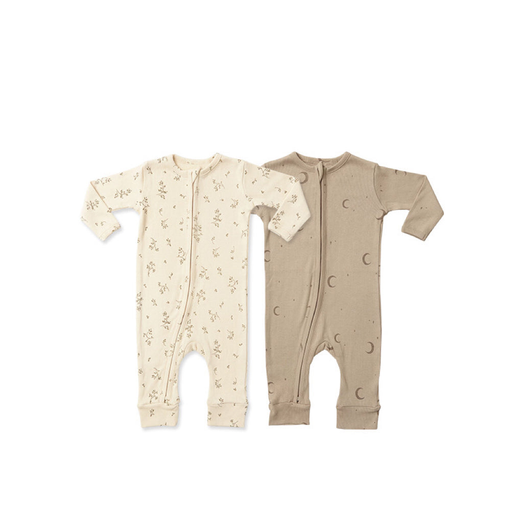 Baby Dinosaur & Floral Print Jumpsuit with zipper front design, featuring playful dinosaur and floral patterns in soft cotton fabric.