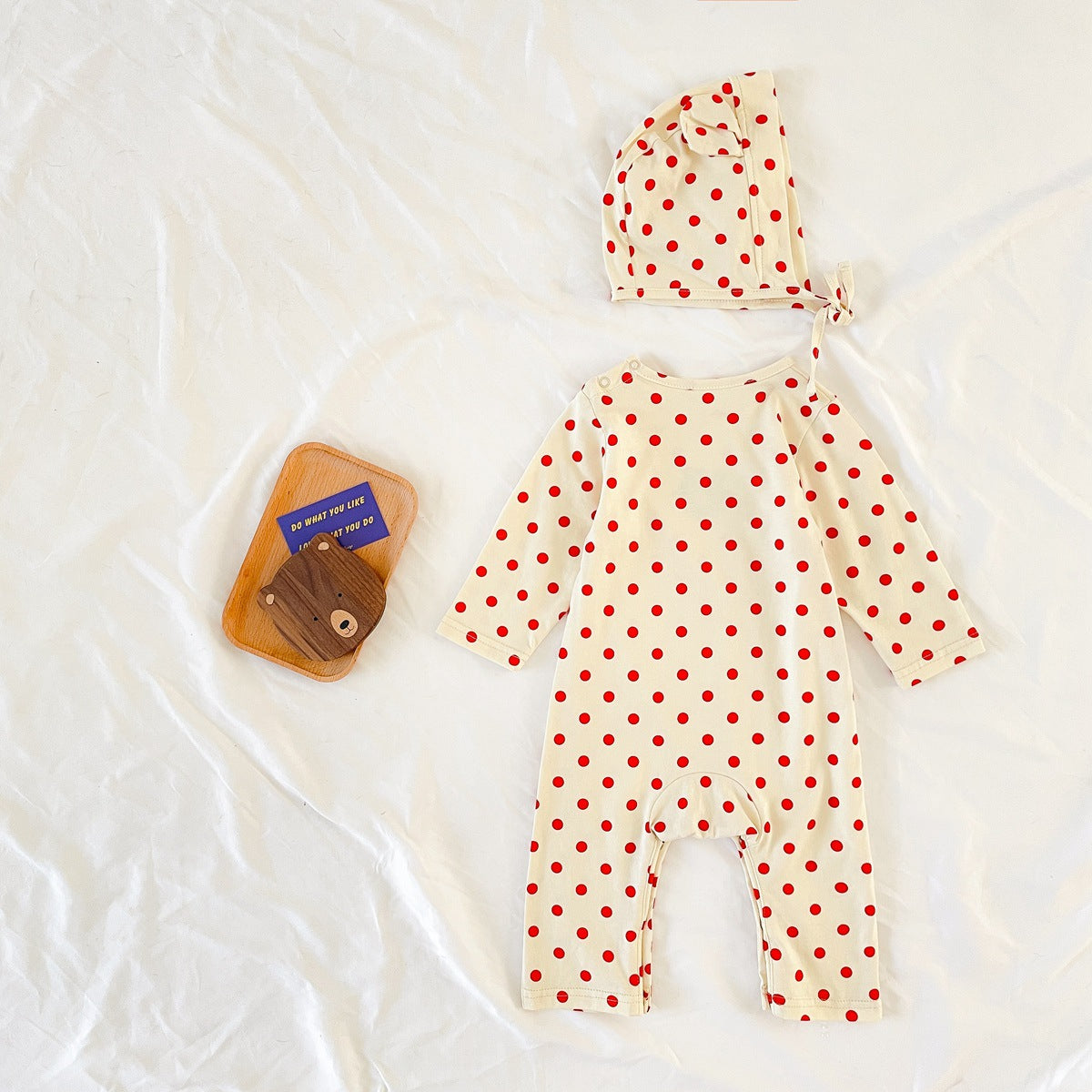 Baby Dot And Bear Pattern Long Sleeve Soft Cotton Jumpsuit in black and red, featuring playful polka dots and bear designs, perfect for infants.