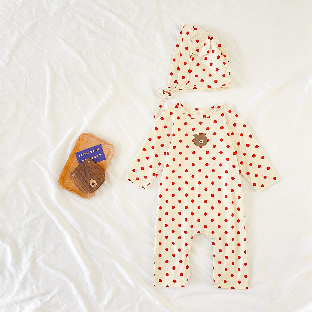 Baby Dot And Bear Pattern Long Sleeve Soft Cotton Jumpsuit in black and red, featuring playful polka dots and bear designs, perfect for infants.