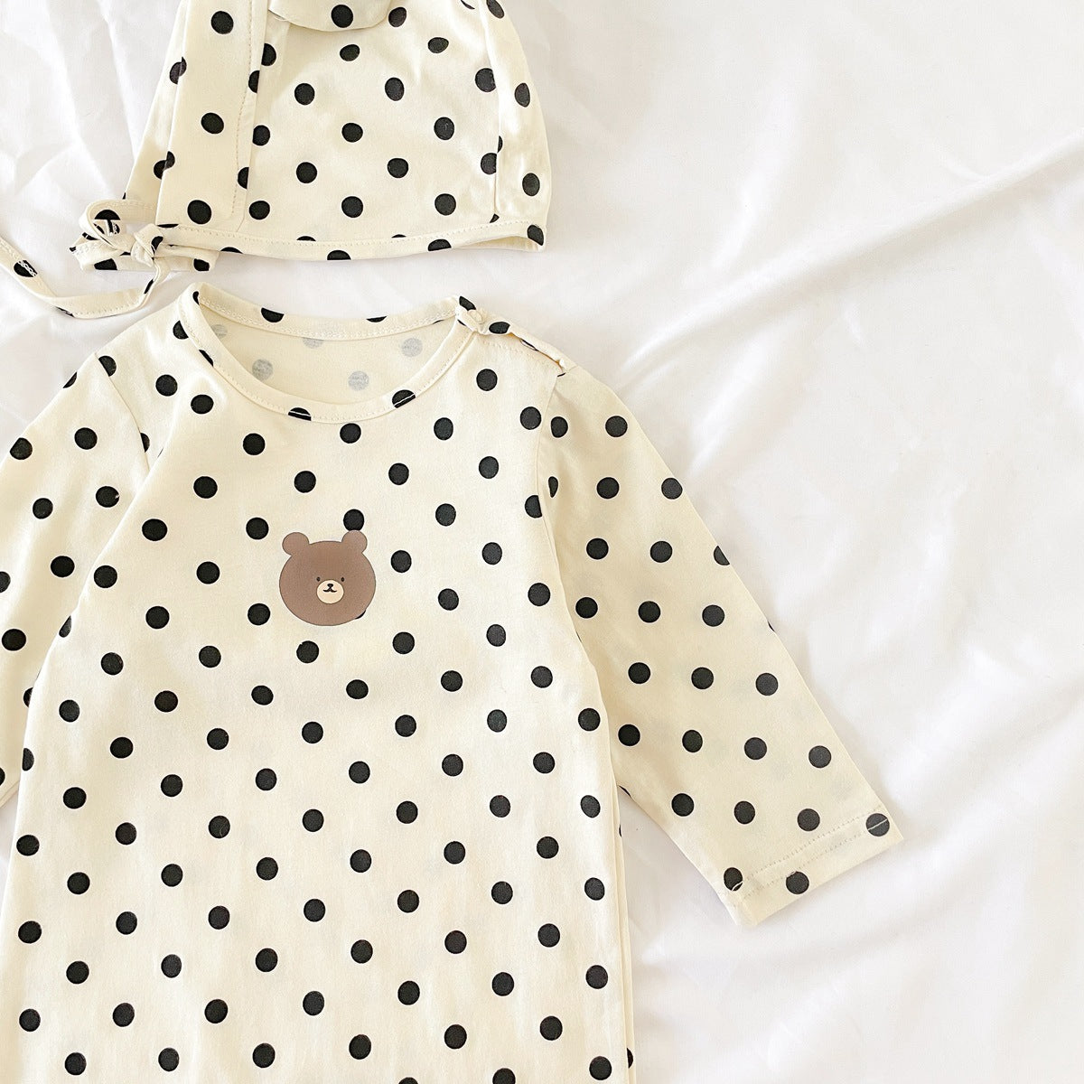 Baby Dot And Bear Pattern Long Sleeve Soft Cotton Jumpsuit in black and red, featuring playful polka dots and bear designs, perfect for infants.