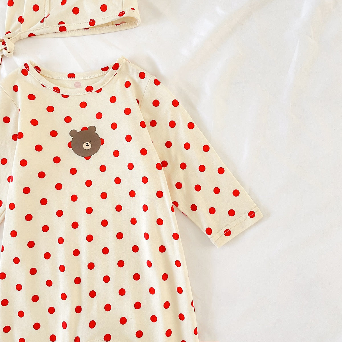 Baby Dot And Bear Pattern Long Sleeve Soft Cotton Jumpsuit in black and red, featuring playful polka dots and bear designs, perfect for infants.