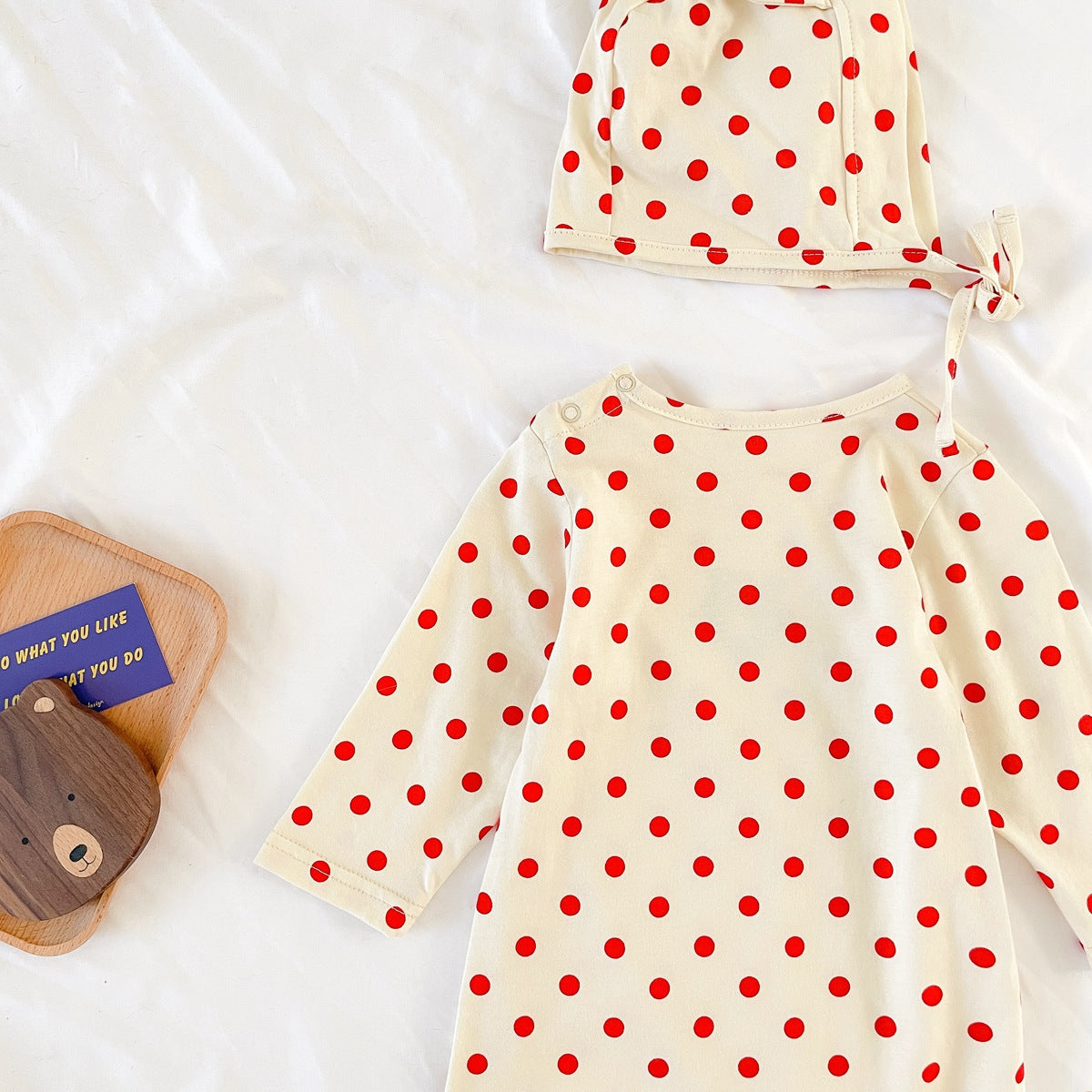 Baby Dot And Bear Pattern Long Sleeve Soft Cotton Jumpsuit in black and red, featuring playful polka dots and bear designs, perfect for infants.