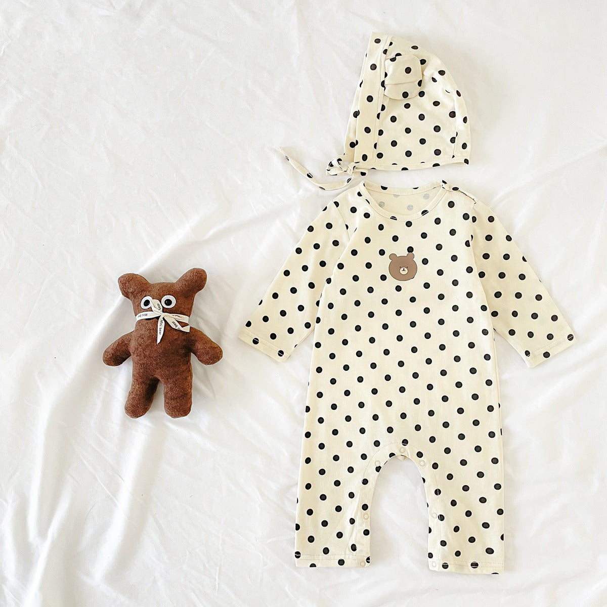 Baby Dot And Bear Pattern Long Sleeve Soft Cotton Jumpsuit in black and red, featuring playful polka dots and bear designs, perfect for infants.