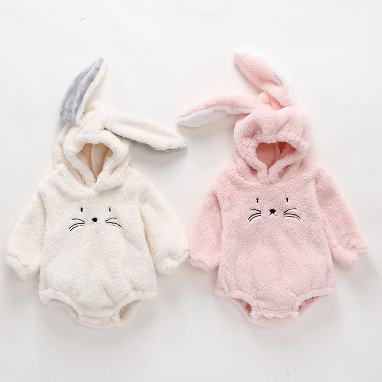 Baby girl wearing a thickened onesie bodysuit with rabbit ear embroidery, in white color, perfect for spring and autumn.