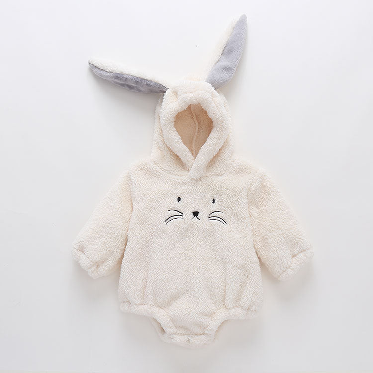 Baby girl wearing a thickened onesie bodysuit with rabbit ear embroidery, in white color, perfect for spring and autumn.