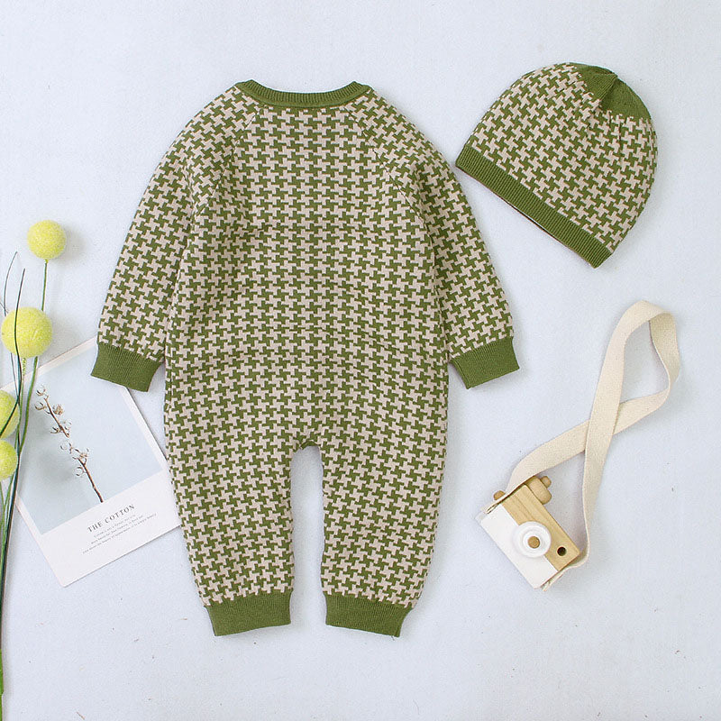 Baby embroidered pattern romper with long sleeves in pink, green, and grey colors, featuring a single breasted design.