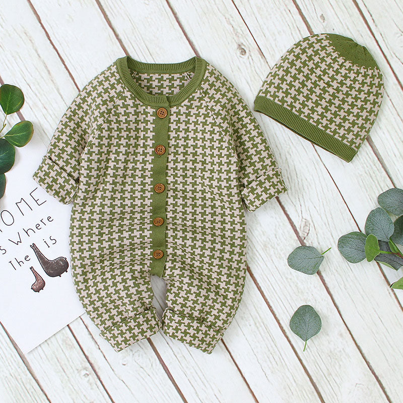 Baby embroidered pattern romper with long sleeves in pink, green, and grey colors, featuring a single breasted design.