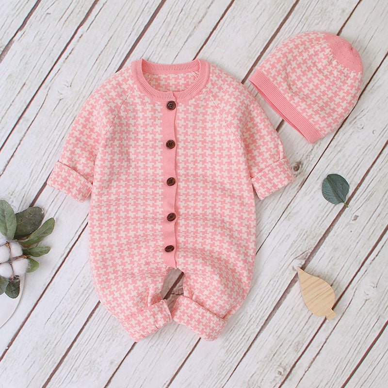 Baby embroidered pattern romper with long sleeves in pink, green, and grey colors, featuring a single breasted design.