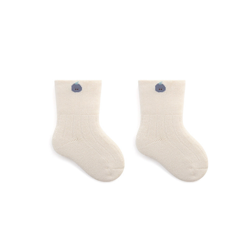 A pair of thickened warm mid tube socks for babies featuring adorable embroidered patterns in various colors.