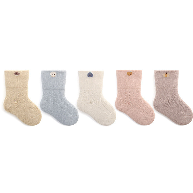 A pair of thickened warm mid tube socks for babies featuring adorable embroidered patterns in various colors.