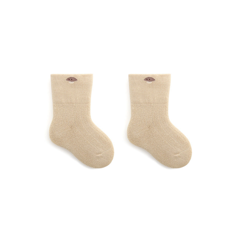 A pair of thickened warm mid tube socks for babies featuring adorable embroidered patterns in various colors.