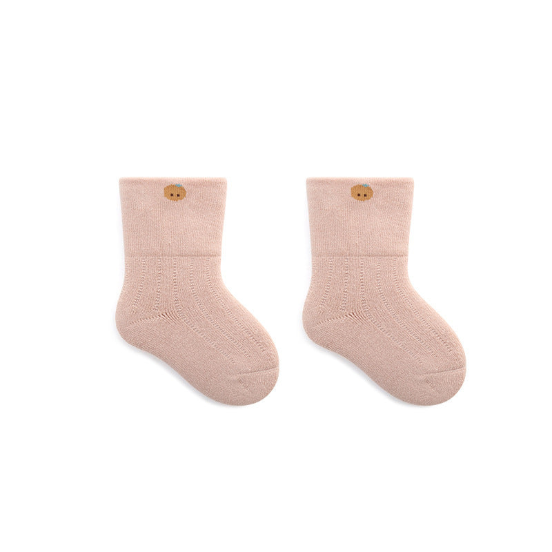 A pair of thickened warm mid tube socks for babies featuring adorable embroidered patterns in various colors.