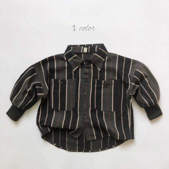 Stylish Baby Fashion Striped Pattern Lapel Design Single Breasted Shirt in black, showcasing its elegant design and comfortable cotton material.