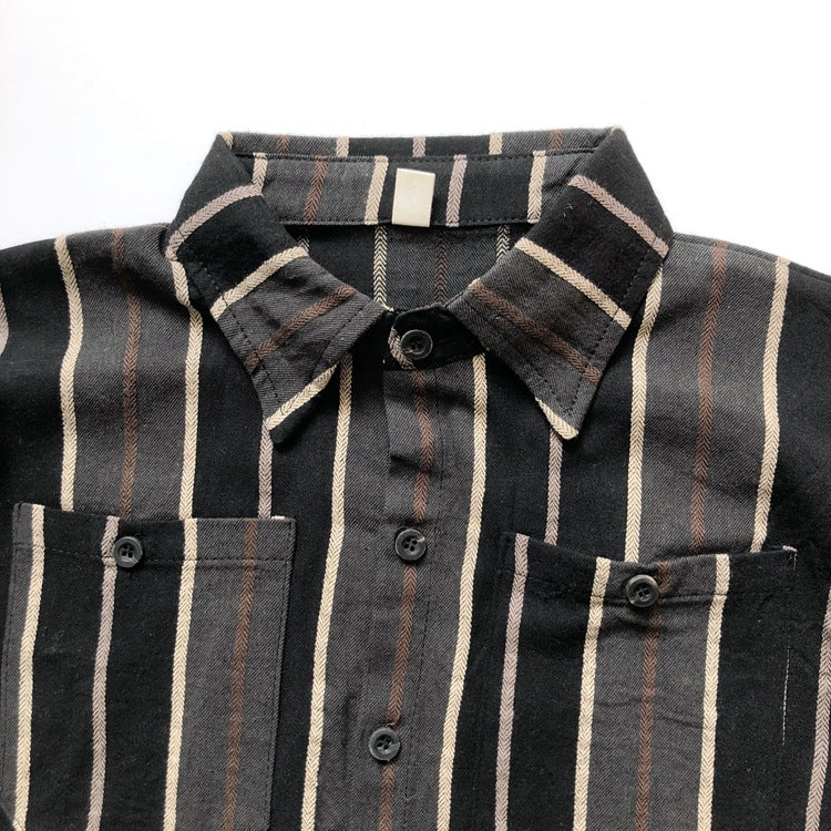 Stylish Baby Fashion Striped Pattern Lapel Design Single Breasted Shirt in black, showcasing its elegant design and comfortable cotton material.