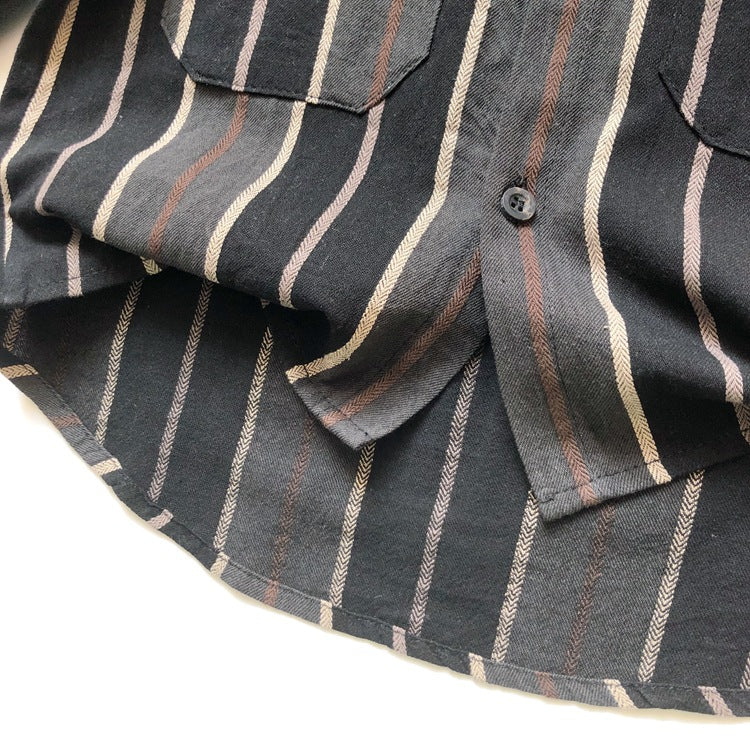 Stylish Baby Fashion Striped Pattern Lapel Design Single Breasted Shirt in black, showcasing its elegant design and comfortable cotton material.