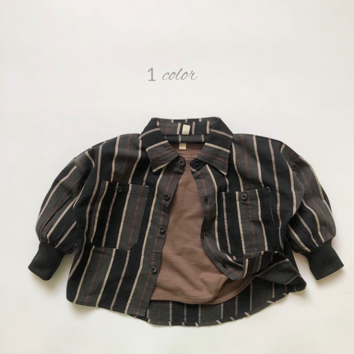 Stylish Baby Fashion Striped Pattern Lapel Design Single Breasted Shirt in black, showcasing its elegant design and comfortable cotton material.