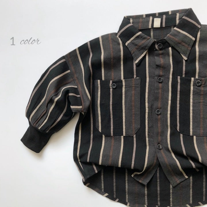 Stylish Baby Fashion Striped Pattern Lapel Design Single Breasted Shirt in black, showcasing its elegant design and comfortable cotton material.