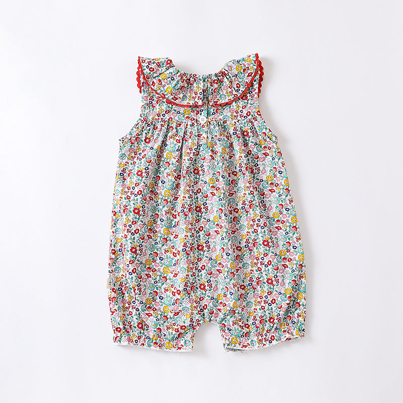 Baby girl wearing a floral pattern ruffle neck sleeveless romper in white and red, perfect for summer outings.