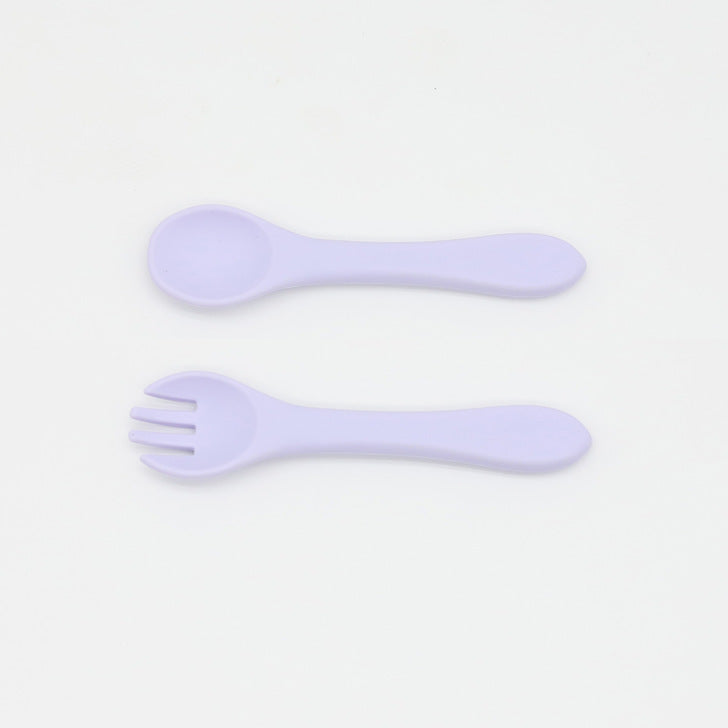 Baby Food Grade Silicone Spoon Fork Set in various colors, designed for safe self-feeding.