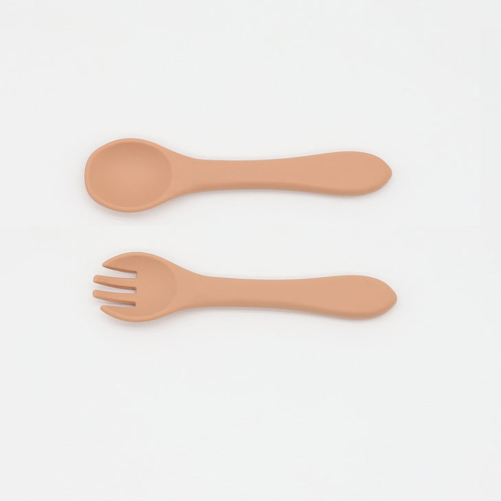 Baby Food Grade Silicone Spoon Fork Set in various colors, designed for safe self-feeding.