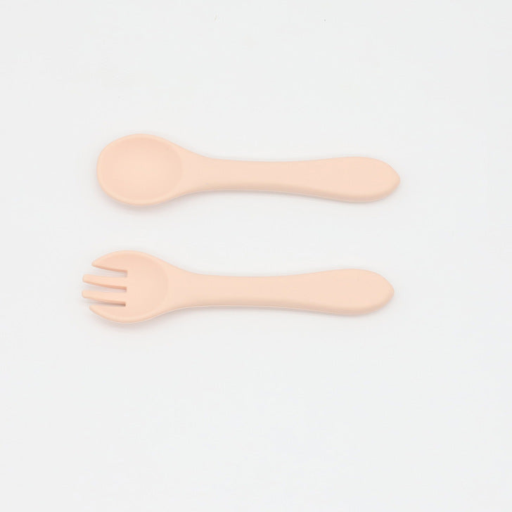 Baby Food Grade Silicone Spoon Fork Set in various colors, designed for safe self-feeding.