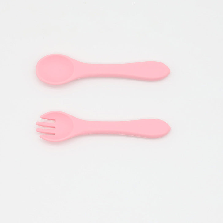 Baby Food Grade Silicone Spoon Fork Set in various colors, designed for safe self-feeding.