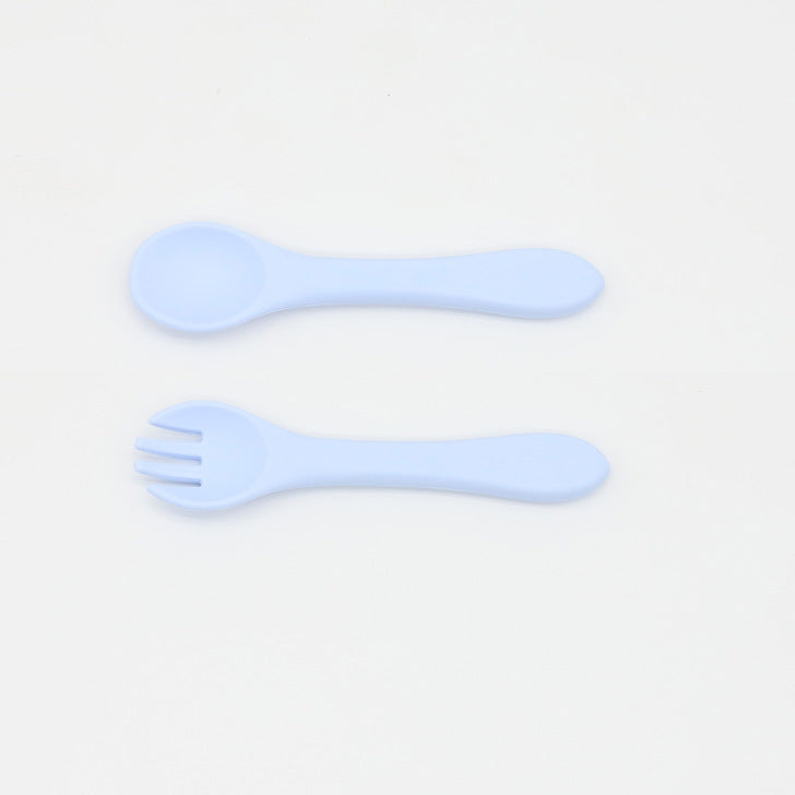 Baby Food Grade Silicone Spoon Fork Set in various colors, designed for safe self-feeding.