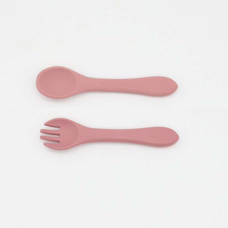 Baby Food Grade Silicone Spoon Fork Set in various colors, designed for safe self-feeding.