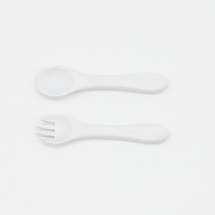 Baby Food Grade Silicone Spoon Fork Set in various colors, designed for safe self-feeding.