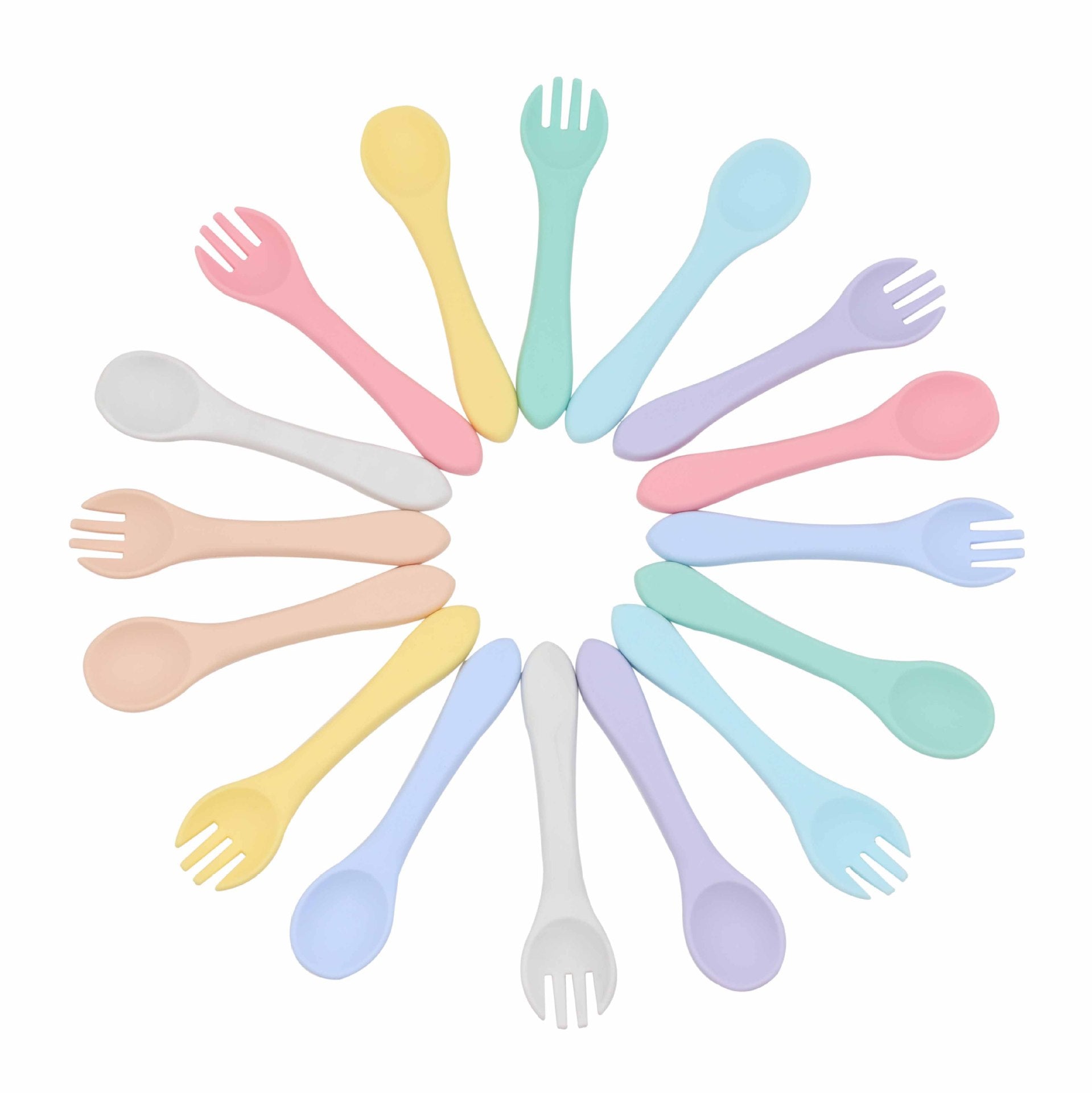 Baby Food Grade Silicone Spoon Fork Set in various colors, designed for safe self-feeding.