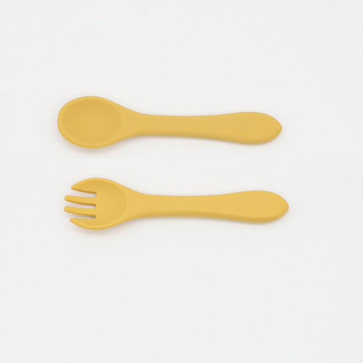 Baby Food Grade Silicone Spoon Fork Set in various colors, designed for safe self-feeding.