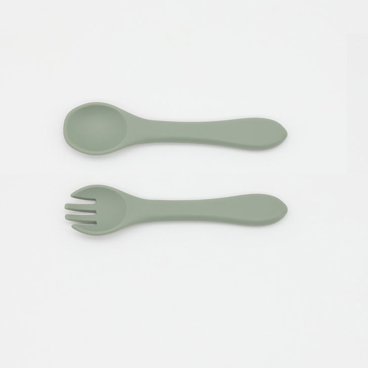 Baby Food Grade Silicone Spoon Fork Set in various colors, designed for safe self-feeding.