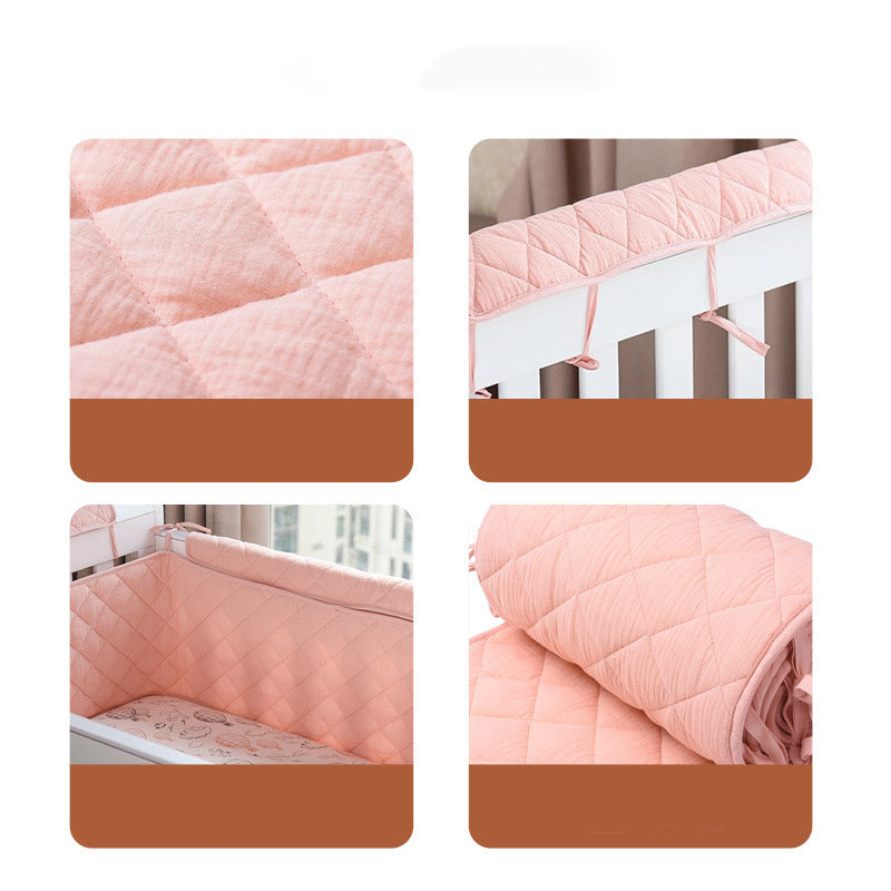 Baby Fresh Solid Color Double-Layered Gauze Baby Cot Bumper in pink, green, and beige, showcasing soft cotton material and double-layered design.