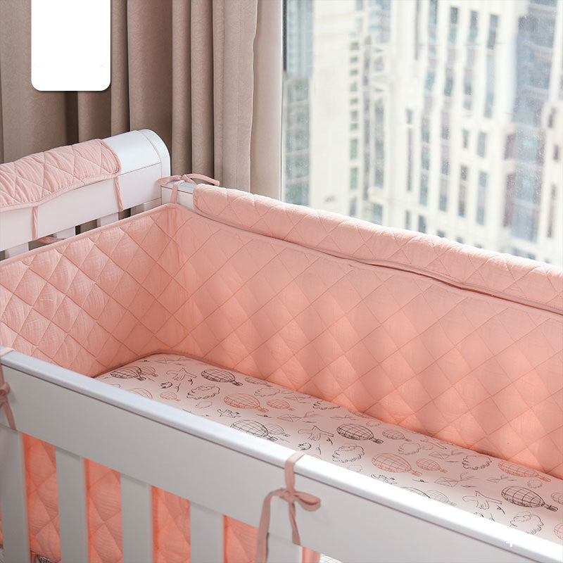 Baby Fresh Solid Color Double-Layered Gauze Baby Cot Bumper in pink, green, and beige, showcasing soft cotton material and double-layered design.