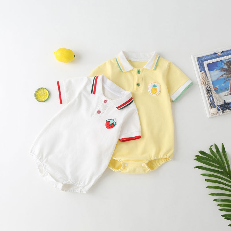 Baby Fruit Pattern Polo Collar Short-Sleeved Onesie in white and yellow with a playful fruit design.