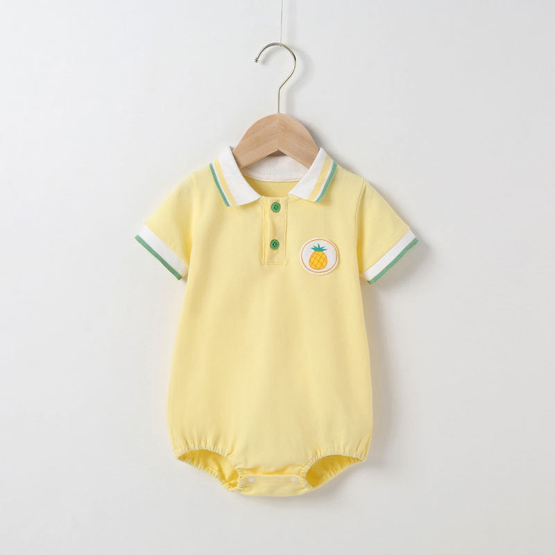 Baby Fruit Pattern Polo Collar Short-Sleeved Onesie in white and yellow with a playful fruit design.