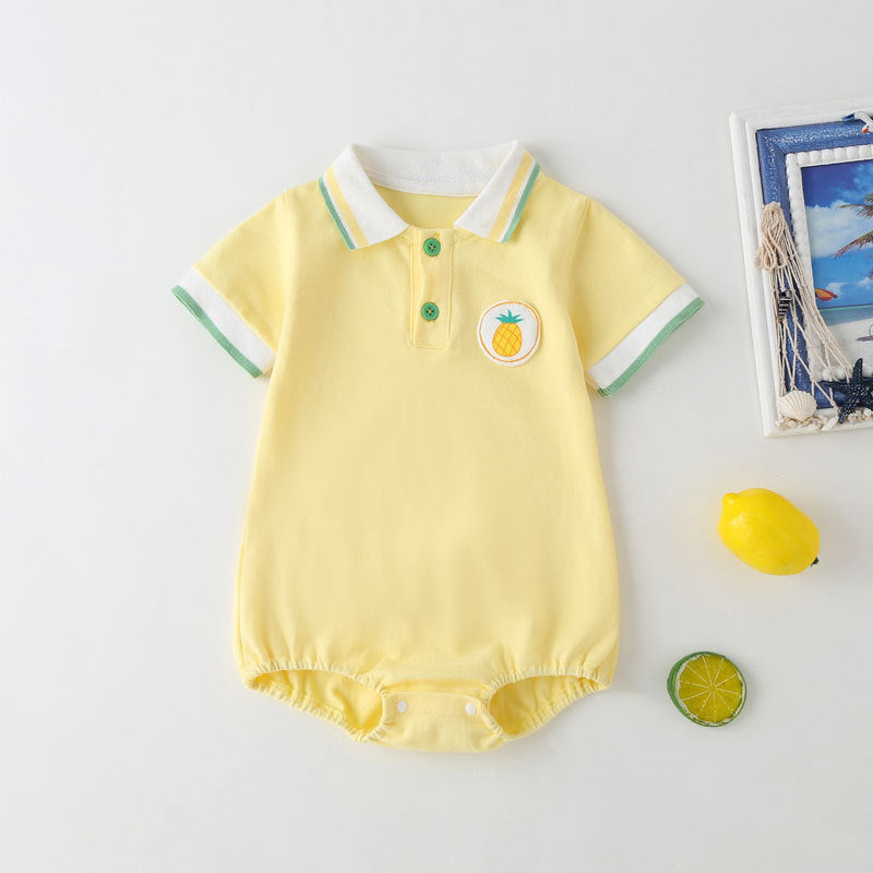 Baby Fruit Pattern Polo Collar Short-Sleeved Onesie in white and yellow with a playful fruit design.