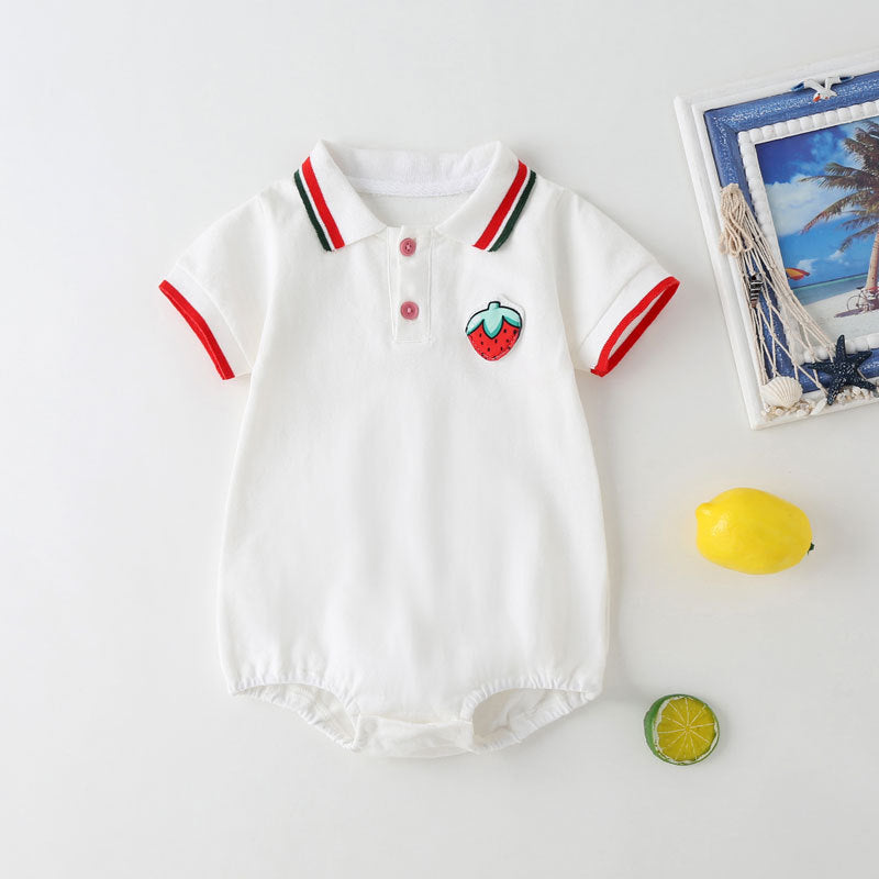 Baby Fruit Pattern Polo Collar Short-Sleeved Onesie in white and yellow with a playful fruit design.