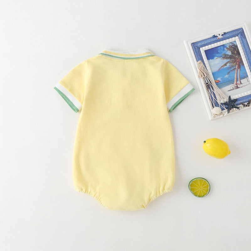 Baby Fruit Pattern Polo Collar Short-Sleeved Onesie in white and yellow with a playful fruit design.