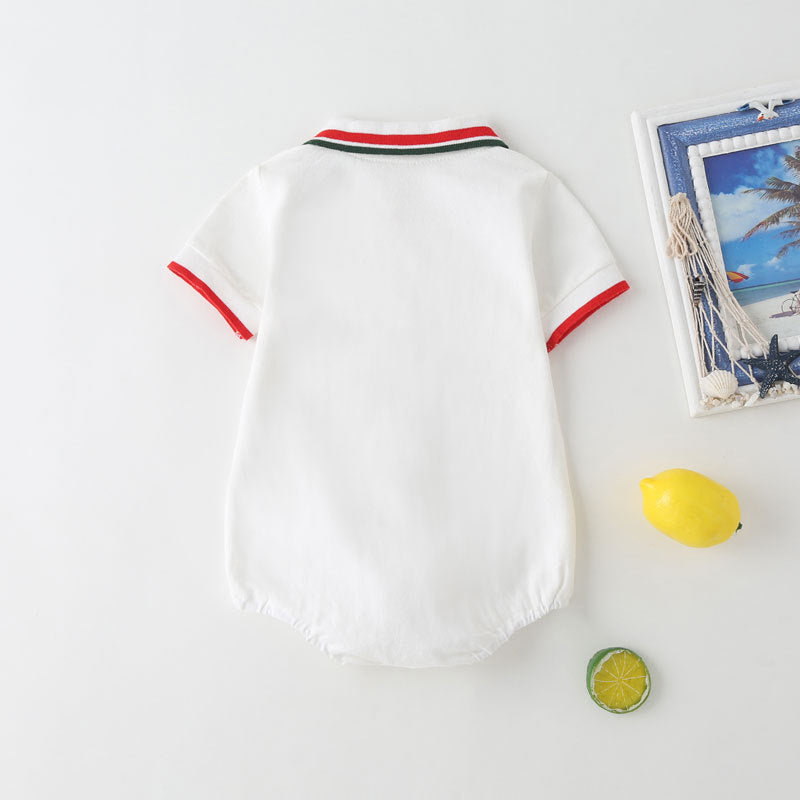 Baby Fruit Pattern Polo Collar Short-Sleeved Onesie in white and yellow with a playful fruit design.