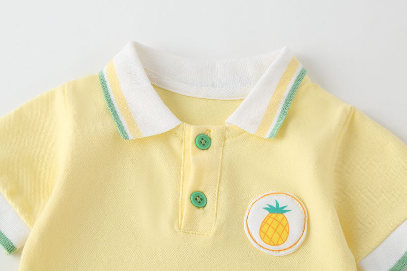 Baby Fruit Pattern Polo Collar Short-Sleeved Onesie in white and yellow with a playful fruit design.