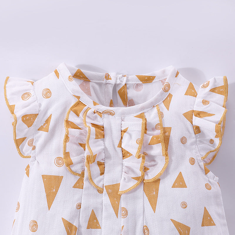 Baby wearing a geometric pattern ruffle design sleeveless romper with a matching hat, showcasing a stylish summer outfit.