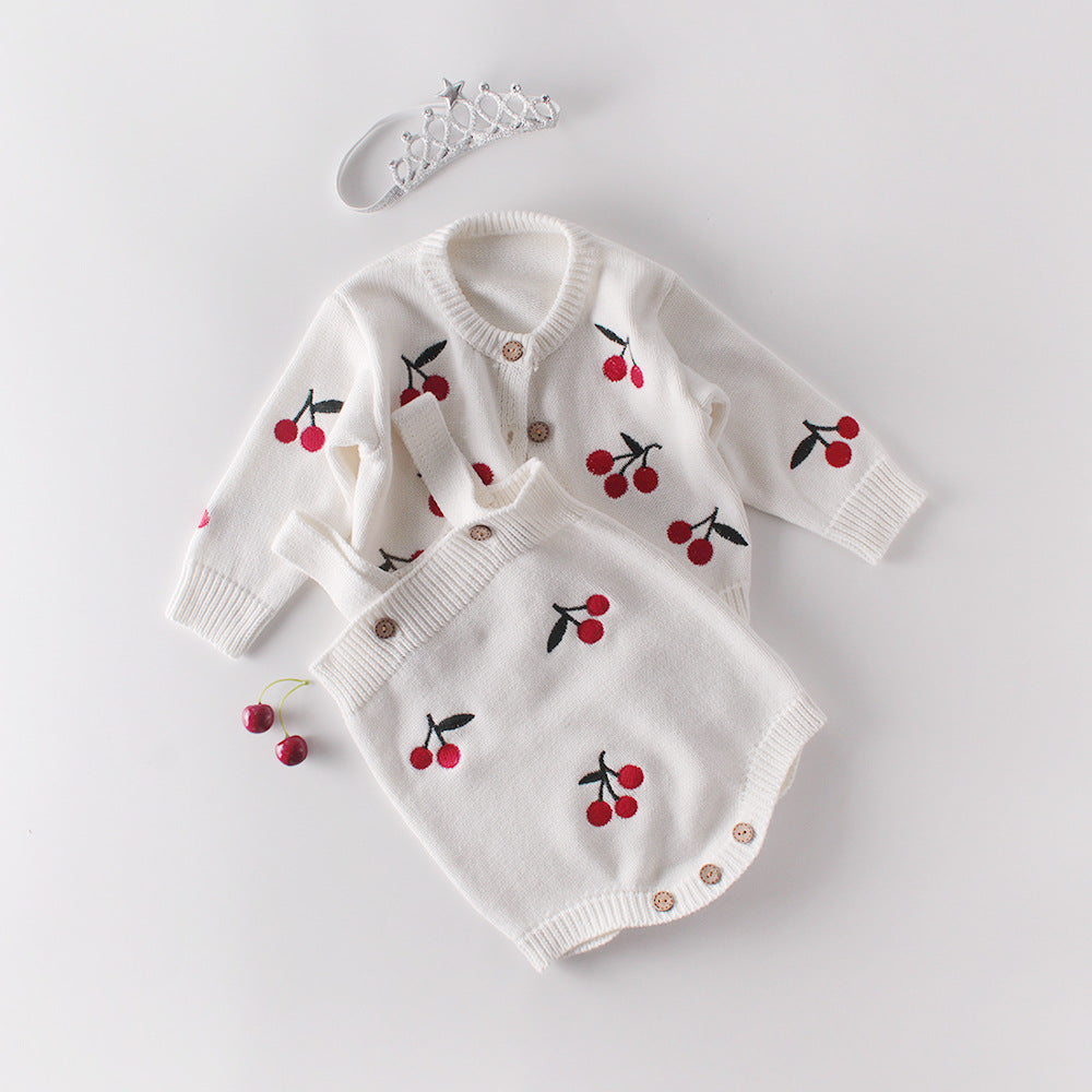 Baby Girl Cherry Embroidered Graphic Crotch Knitted Bodysuit with Button Front Sweater Coat Set in white and red colors.