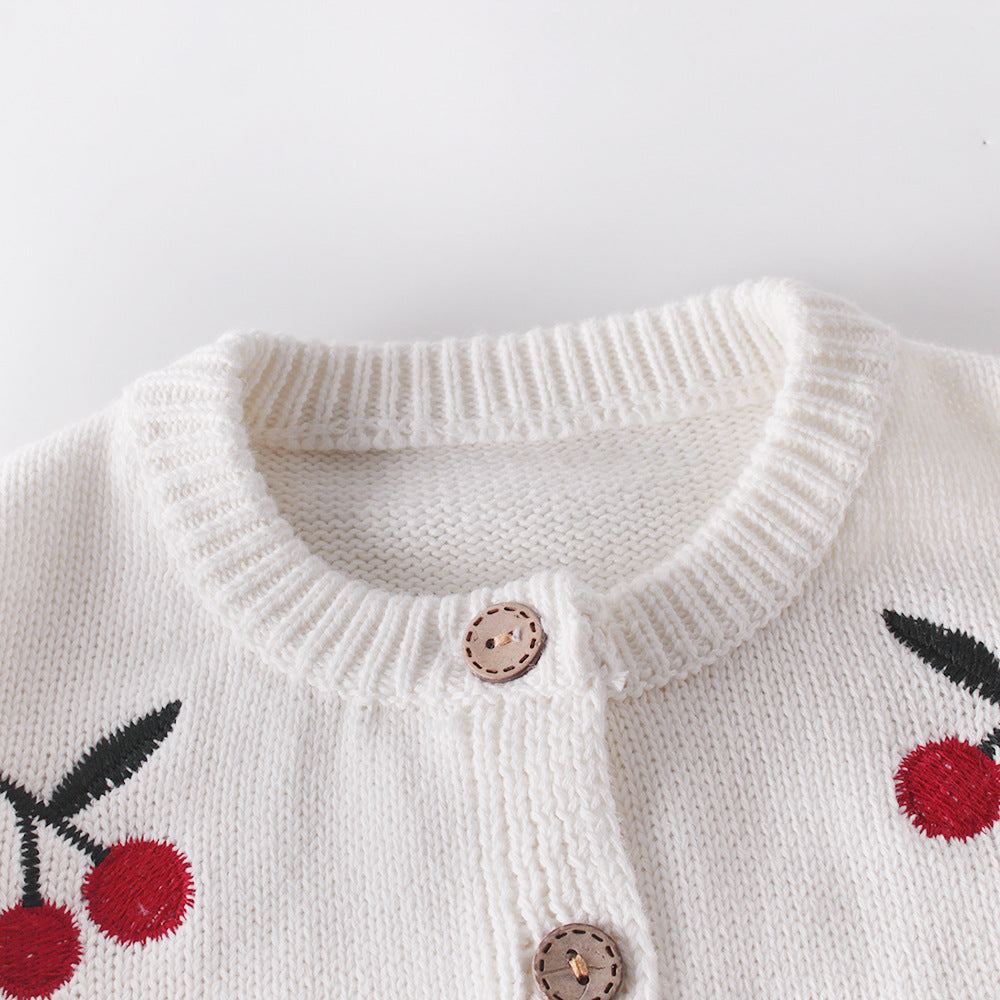 Baby Girl Cherry Embroidered Graphic Crotch Knitted Bodysuit with Button Front Sweater Coat Set in white and red colors.