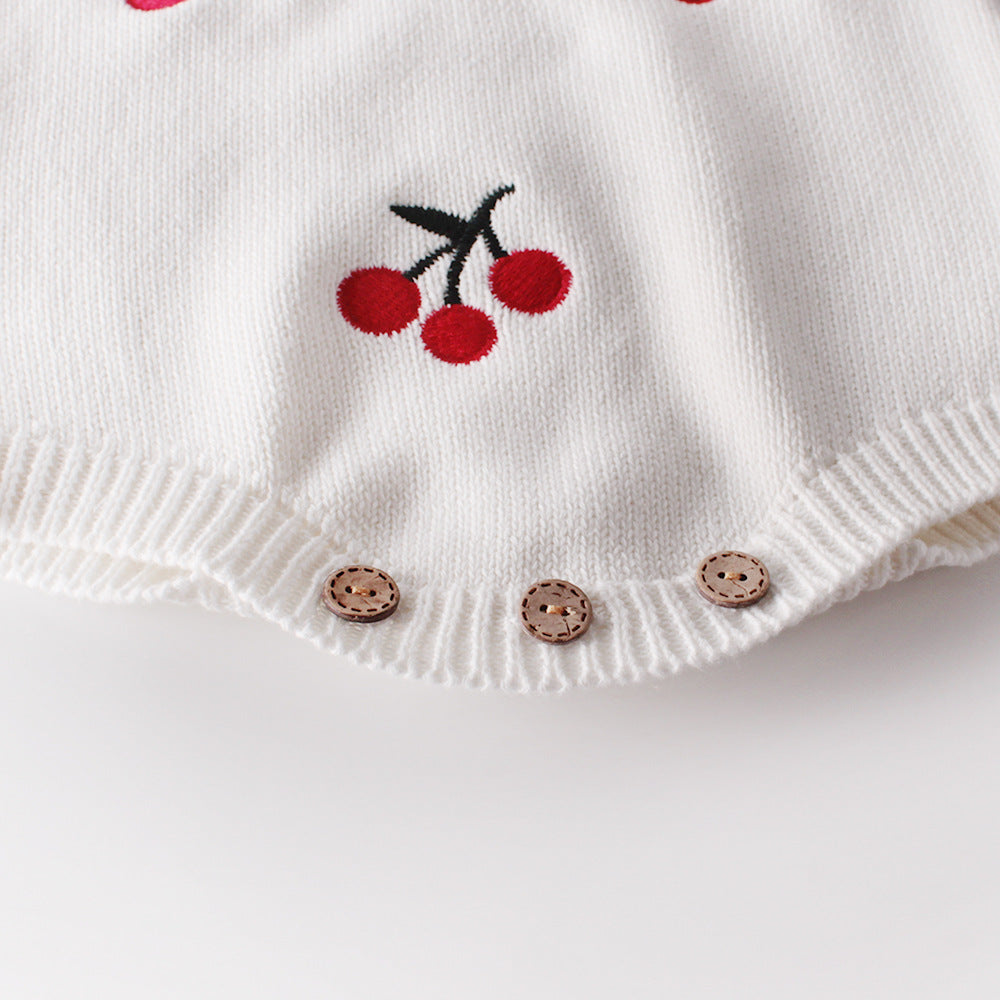 Baby Girl Cherry Embroidered Graphic Crotch Knitted Bodysuit with Button Front Sweater Coat Set in white and red colors.