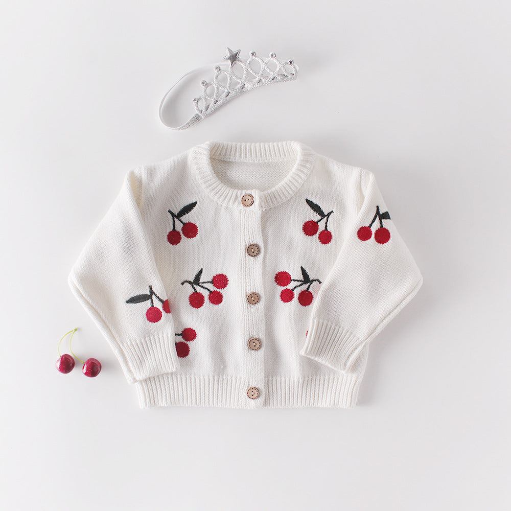 Baby Girl Cherry Embroidered Graphic Crotch Knitted Bodysuit with Button Front Sweater Coat Set in white and red colors.